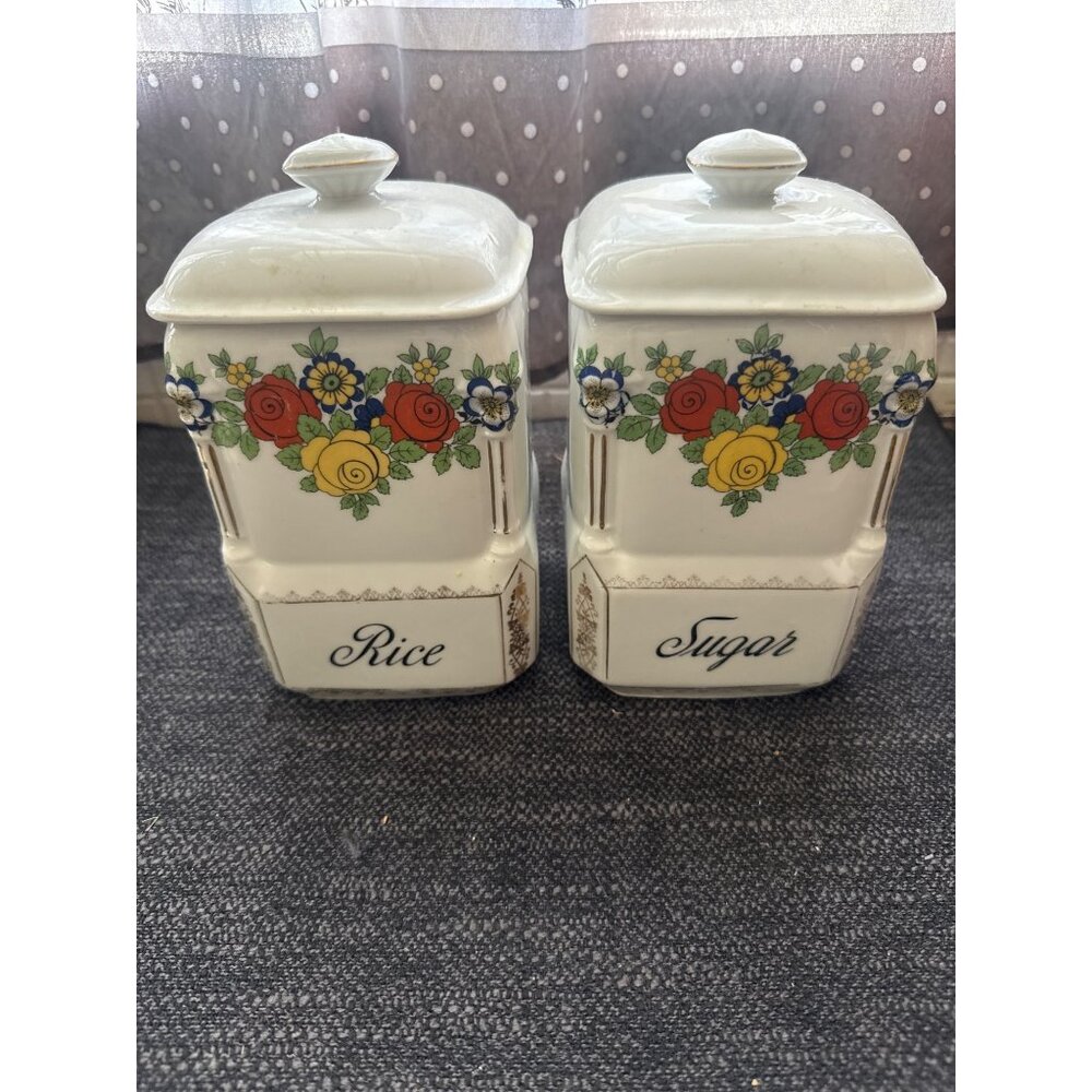 Vintage Ceramic Rice & Sugar Kitchen Canisters With Floral Design & Lids
